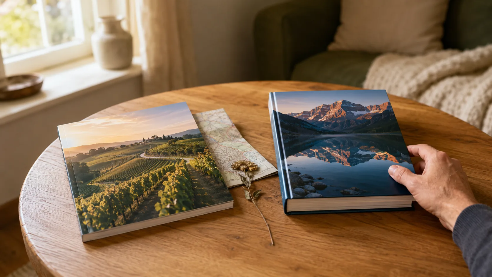 Softcover- und Hardcover-Reisefotobuch nebeneinander mit gefalteter Landkarte