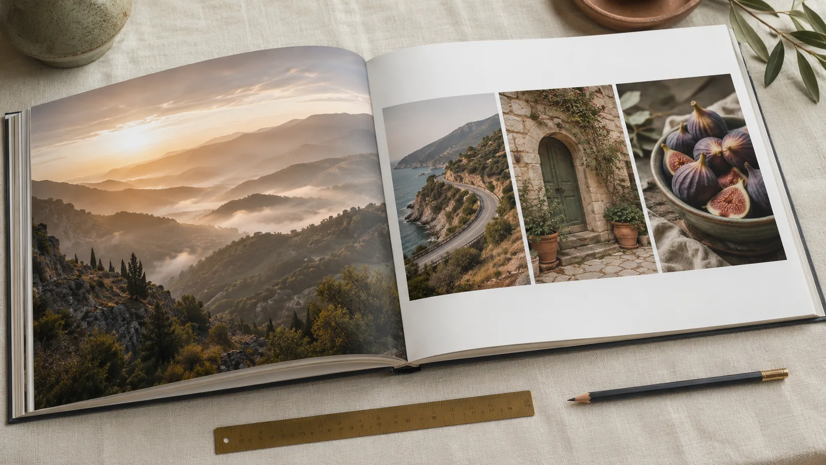 Doppelseite eines Reisefotobuchs mit Bergtal-Panorama und einem Dreier-Raster aus Reisemotiven