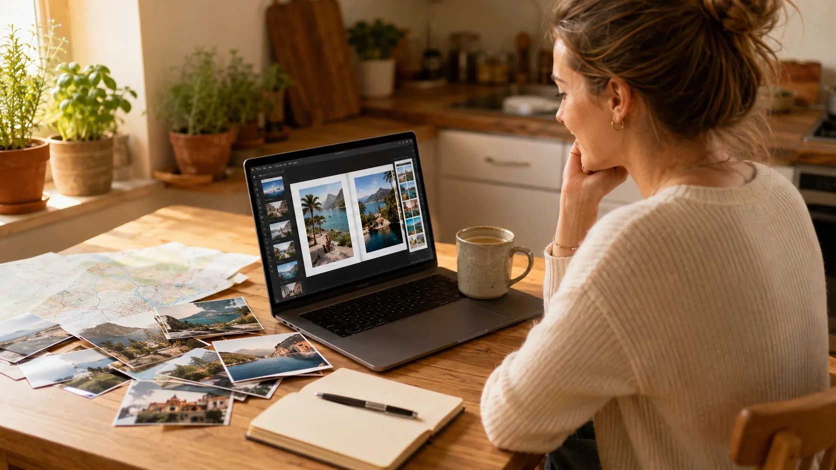 Frau gestaltet ihr Reisefotobuch am Laptop mit ausgebreiteten Urlaubsfotos in der Küche