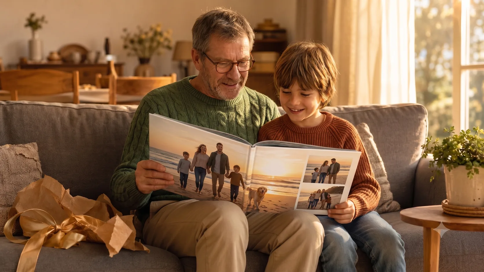 Großmutter und Enkelkind blättern gemeinsam in einem Reisefotobuch als Geschenk