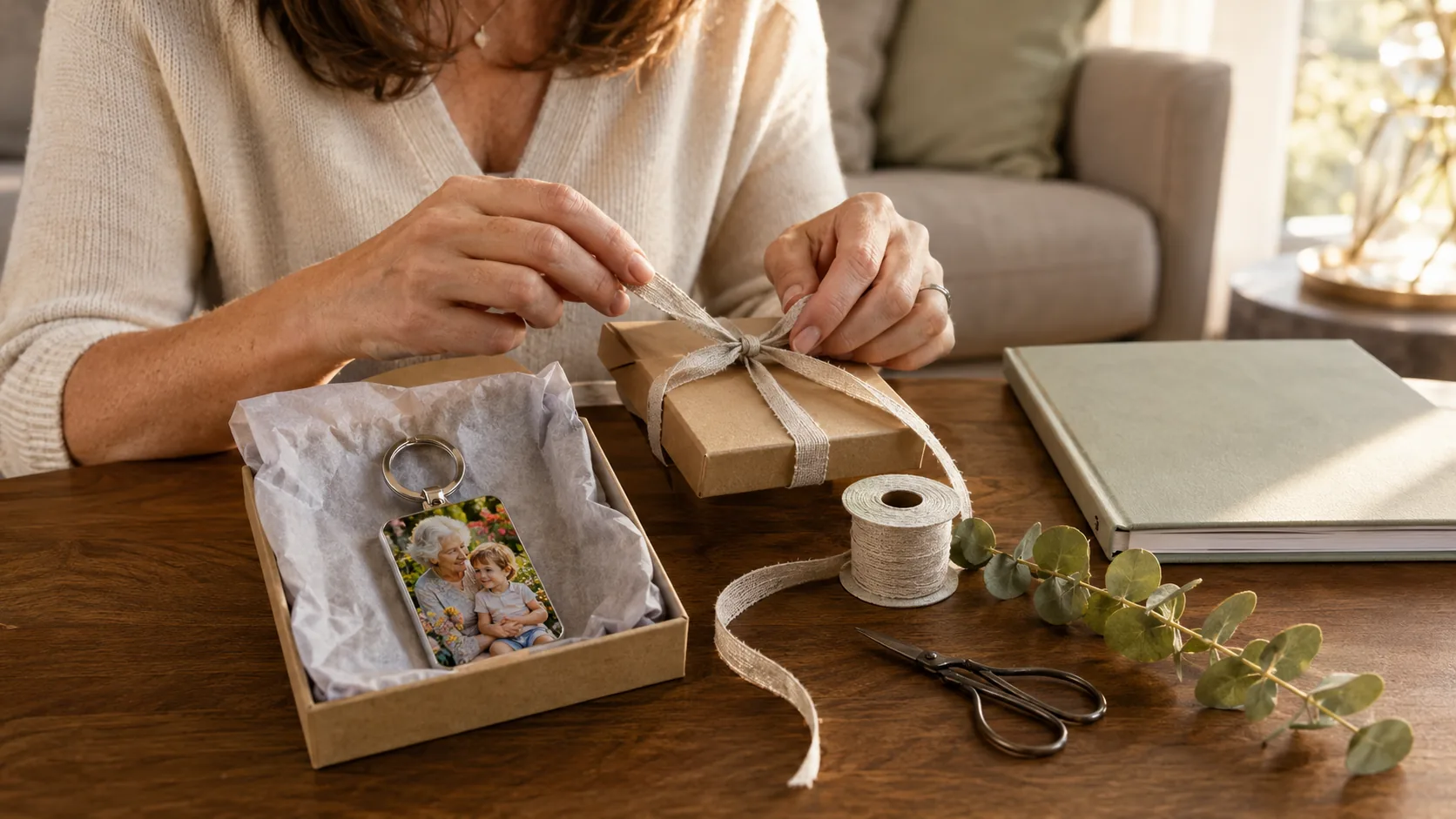 Foto-Schlüsselanhänger als Geschenk verpackt