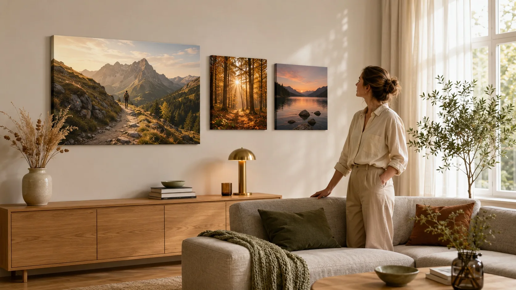 Wandbilder auf Leinwand in einem warmen Wohnzimmer
