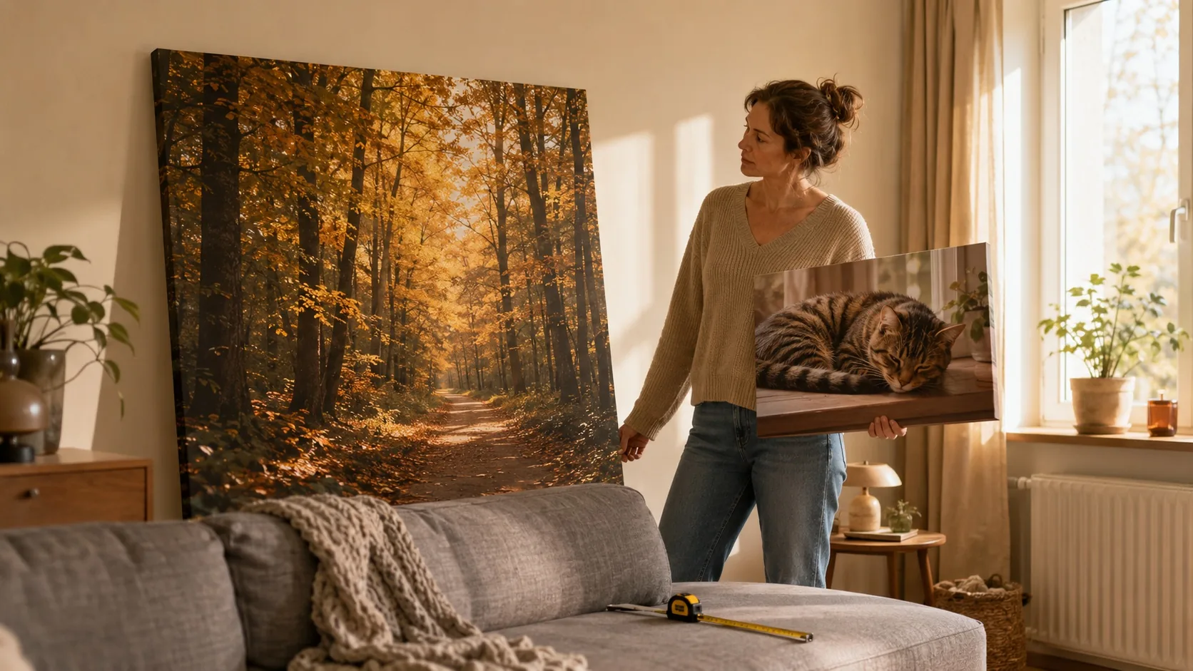Zwei Leinwand-Formate im Größenvergleich vor dem Sofa