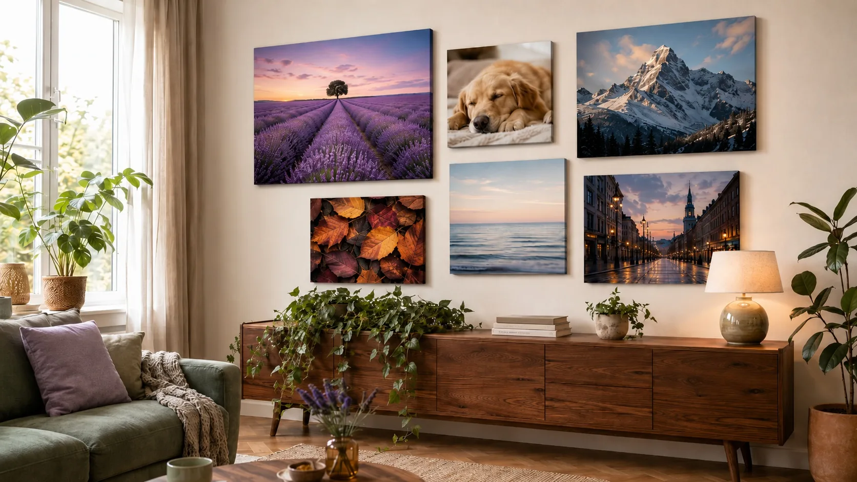 Galeriewand aus mehreren Wandbildern im Wohnzimmer