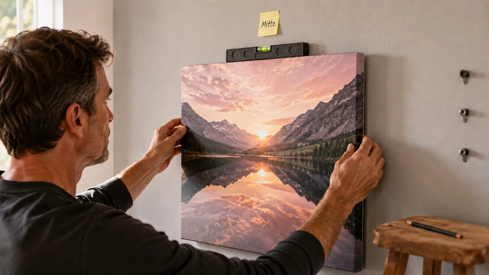 Leinwand mit Wasserwaage gerade an die Wand hängen