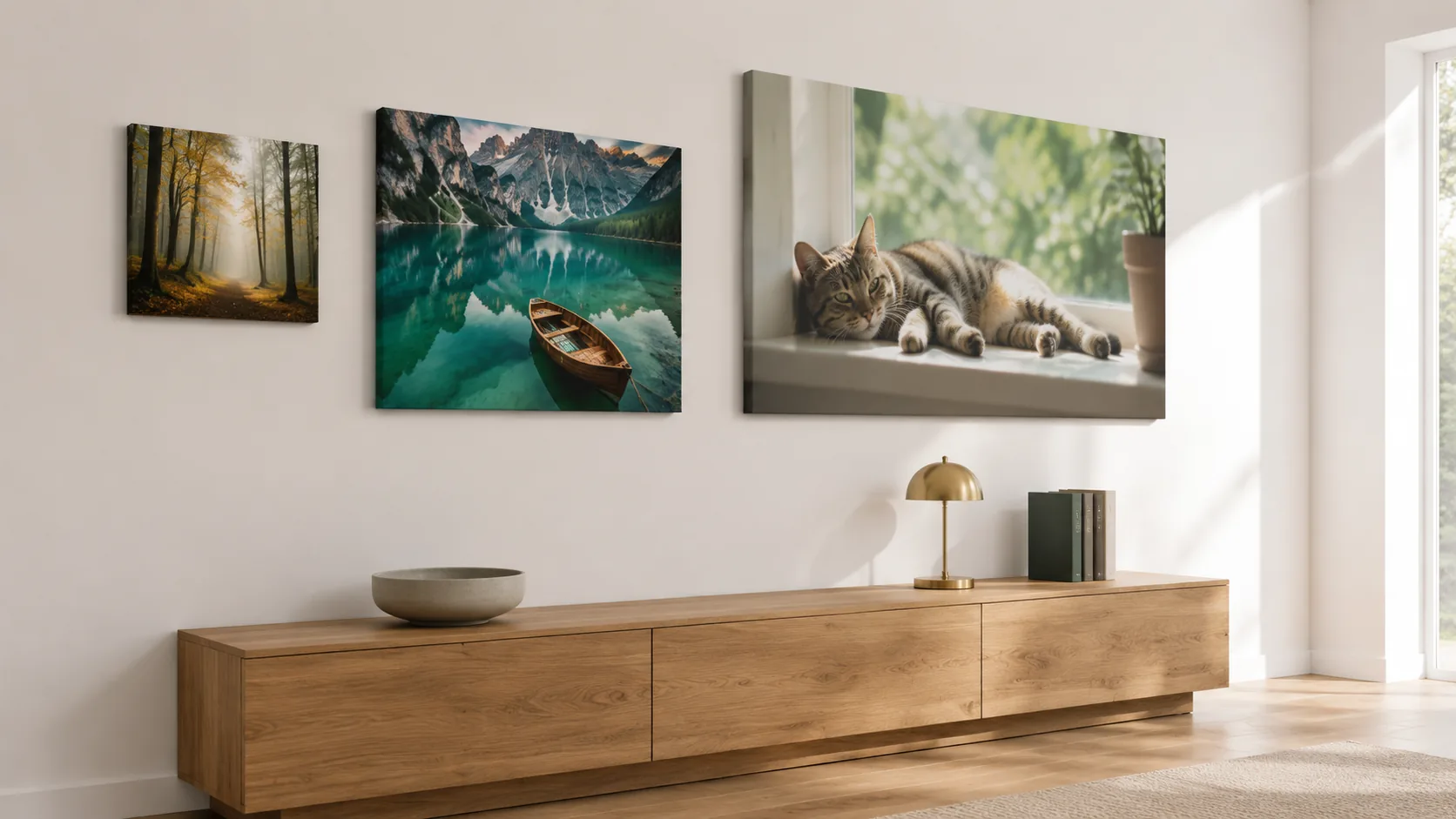 Große Leinwand mit Familienfoto über dem Sofa im Wohnzimmer