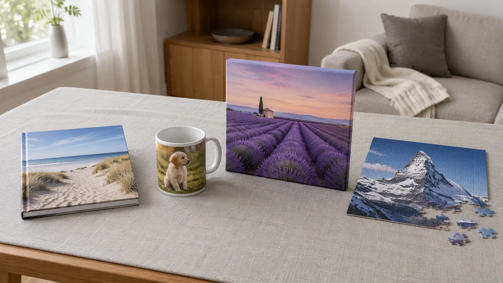 Fotobuch, Fototasse, Leinwand und Fotopuzzle nebeneinander auf einem Tisch als Fotoprodukte im Vergleich
