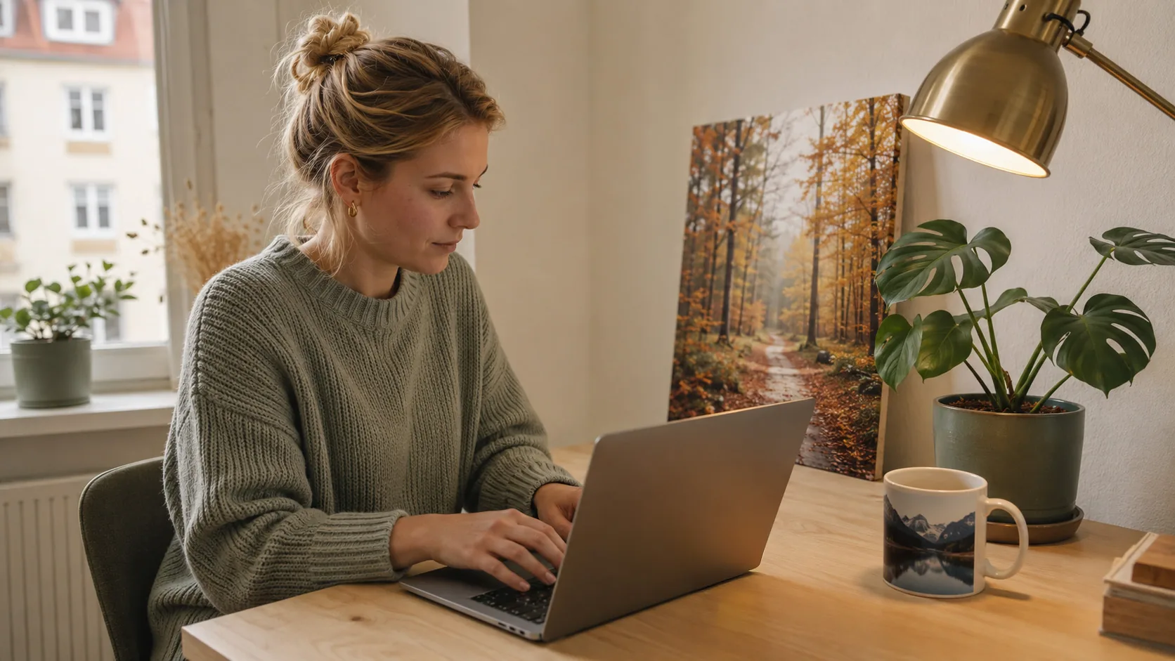 Frau gestaltet im Homeoffice am Laptop, im Hintergrund eine Leinwand mit Herbstwald und eine Fototasse