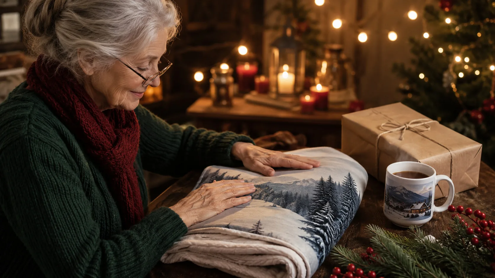 Ältere Frau mit personalisierter Fotodecke mit Wintermotiv, Fototasse und Geschenk in weihnachtlicher Stimmung