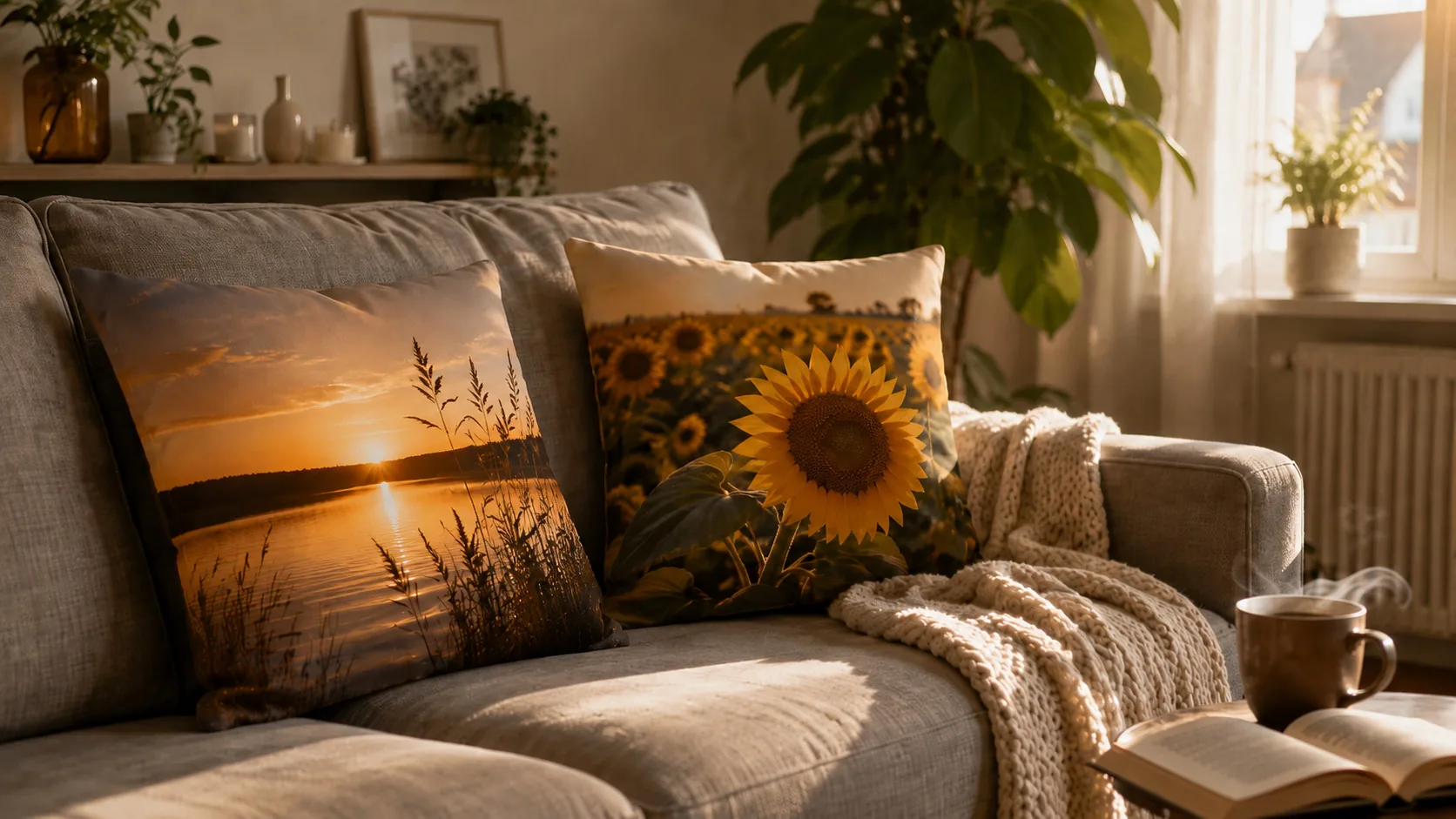Zwei Fotokissen mit Sonnenuntergang- und Sonnenblumenmotiv auf einem Sofa im warmen Abendlicht
