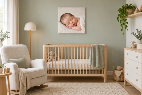 Leinwand mit schlafendem Baby über dem Gitterbett im Kinderzimmer
