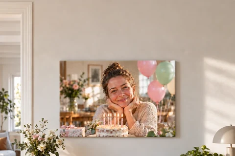Leinwand mit Geburtstagsfoto und Torte über dem Sideboard