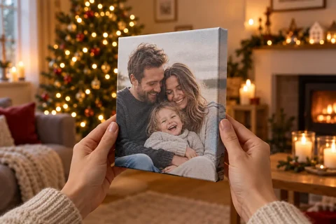 Hände halten eine Leinwand mit Familienfoto vor dem Weihnachtsbaum