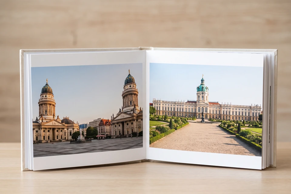 Aufgeschlagenes Fotobuch mit Gendarmenmarkt und Schloss Charlottenburg