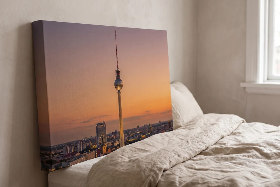 Leinwand mit dem Fernsehturm im Abendlicht im Schlafzimmer