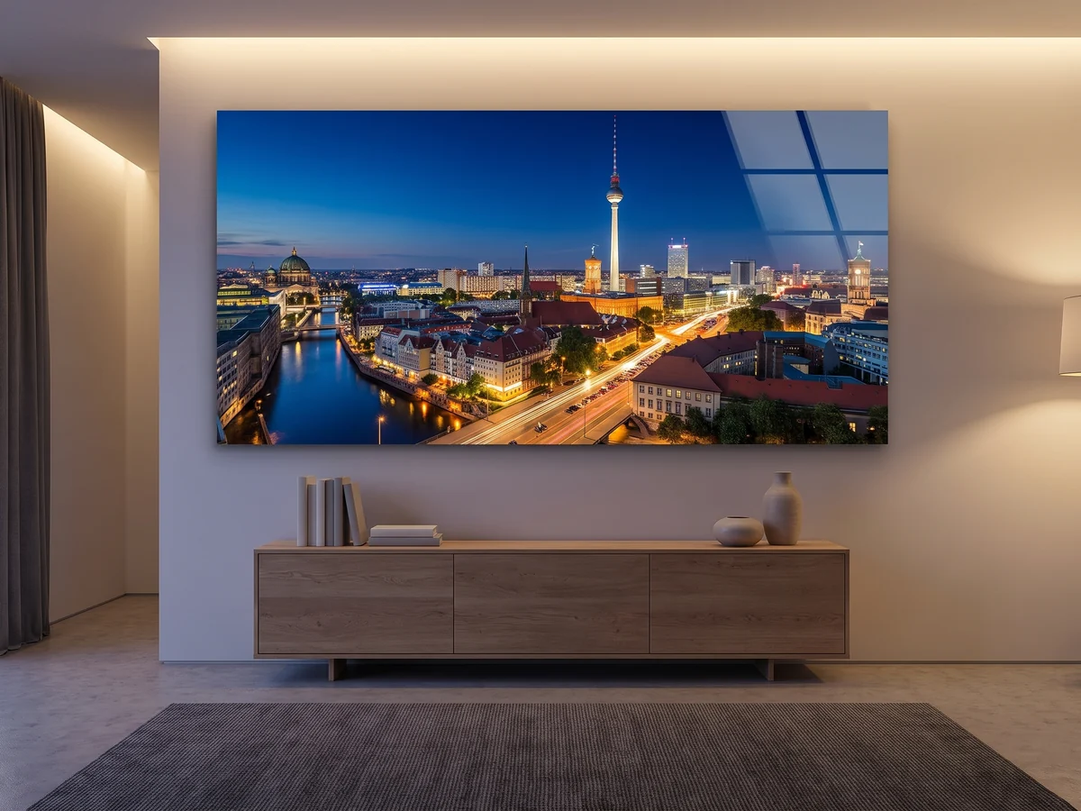 Acrylglasbild mit der Berliner Skyline und dem Fernsehturm bei Nacht im Wohnzimmer