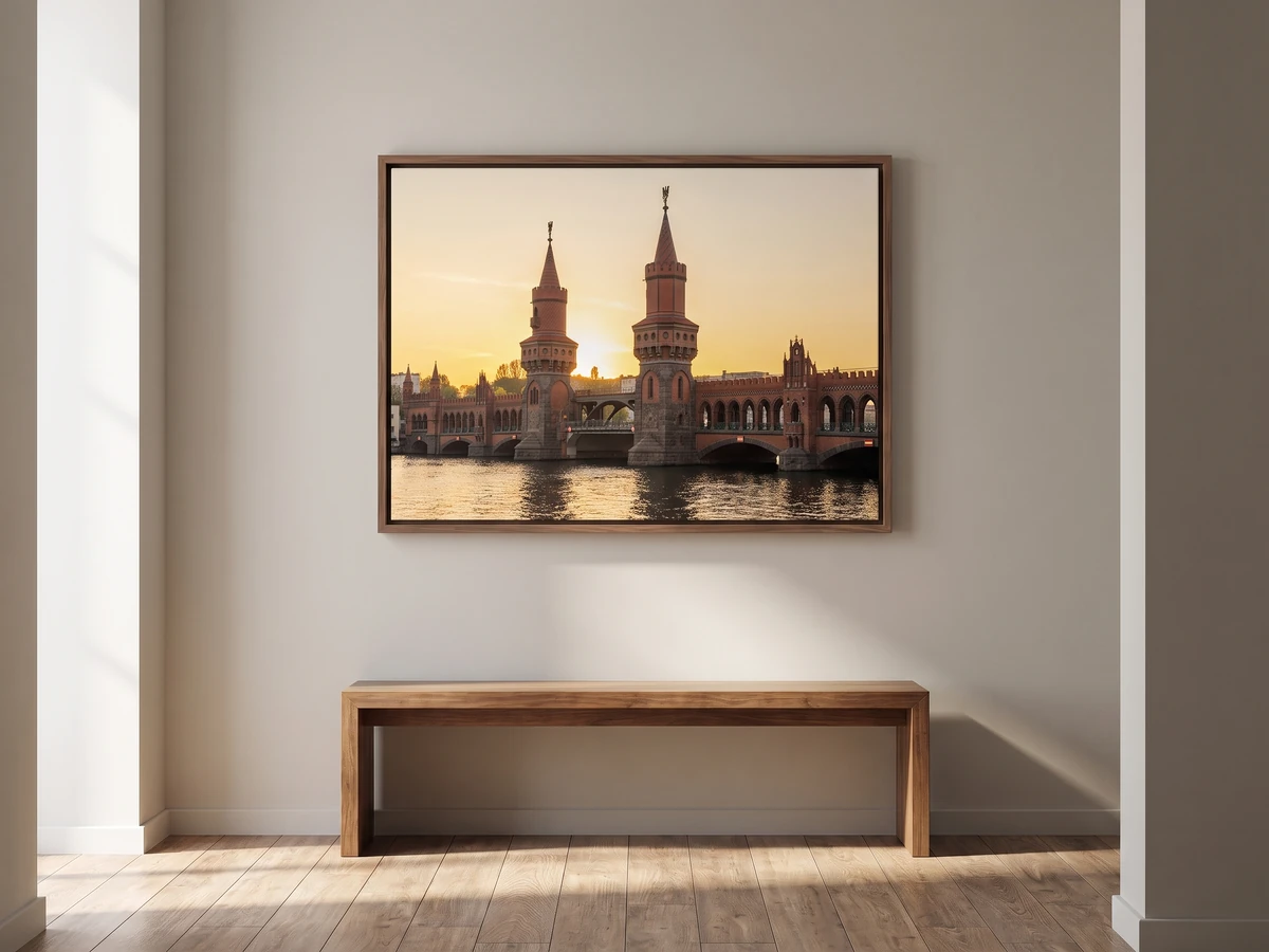 Oberbaumbrücke bei Sonnenaufgang im schmalen Schattenfugenrahmen im Flur