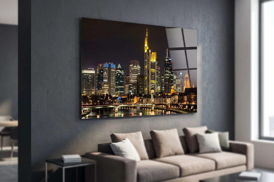 Acrylglasbild mit beleuchteten Hochhäusern bei Nacht