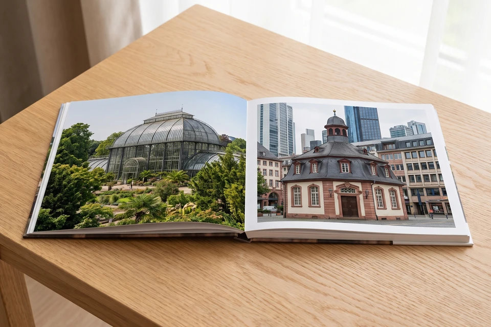 Aufgeschlagenes Fotobuch mit Palmengarten und Hauptwache