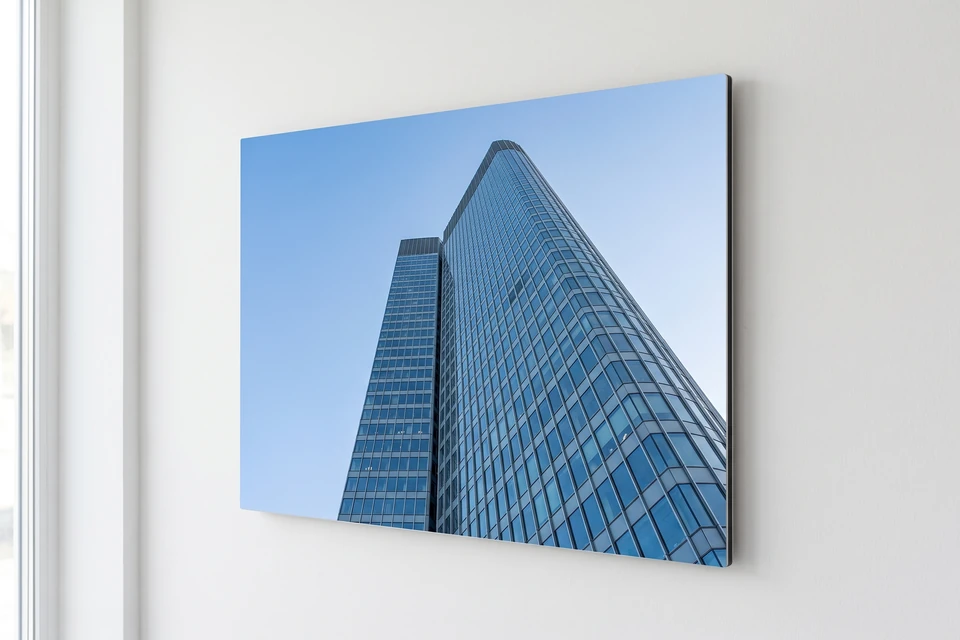 Alu-Dibond-Bild mit einem gläsernen Hochhaus