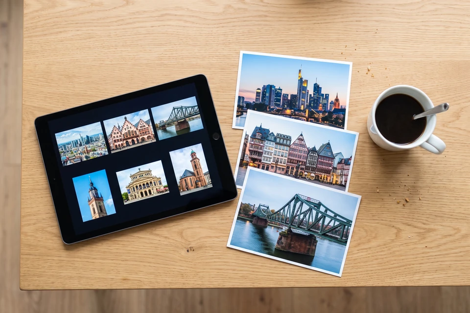 Tablet mit Frankfurt-Fotos und ein Stapel Fotoabzüge auf einem Schreibtisch