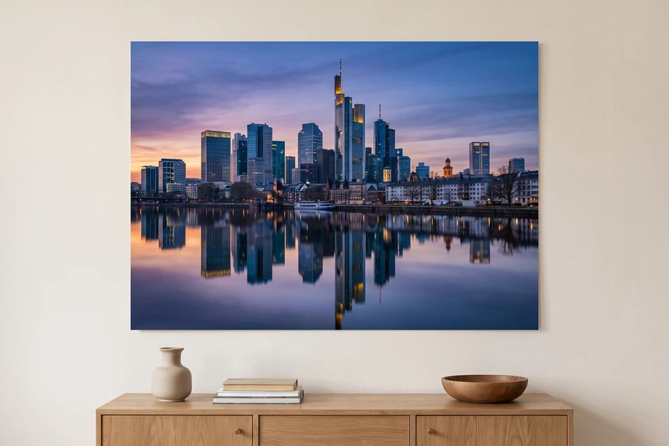 Poster mit der Skyline am Main in der Dämmerung über einem Sideboard