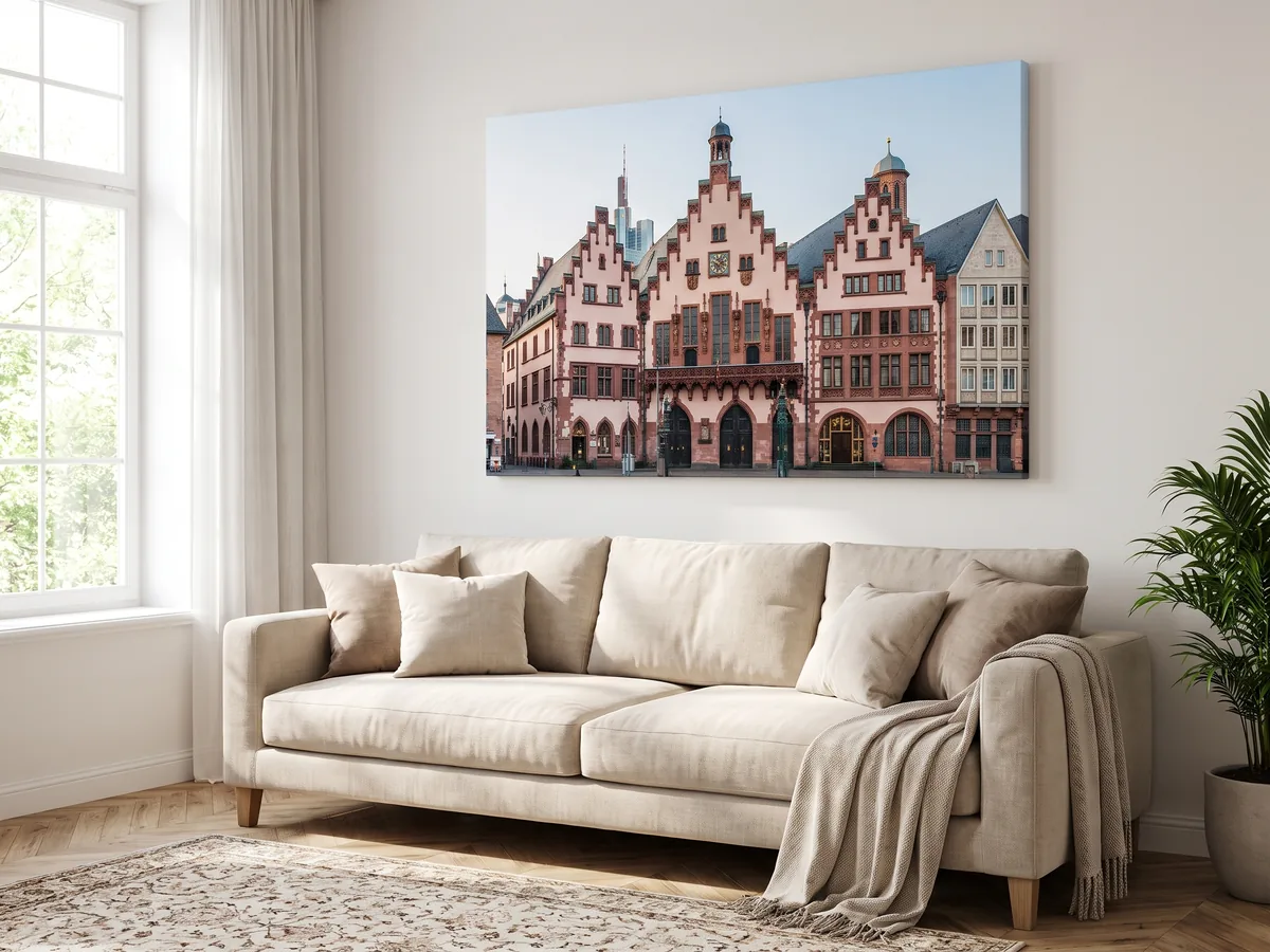 Leinwand mit den Fachwerkhäusern am Römerberg über einem Sofa