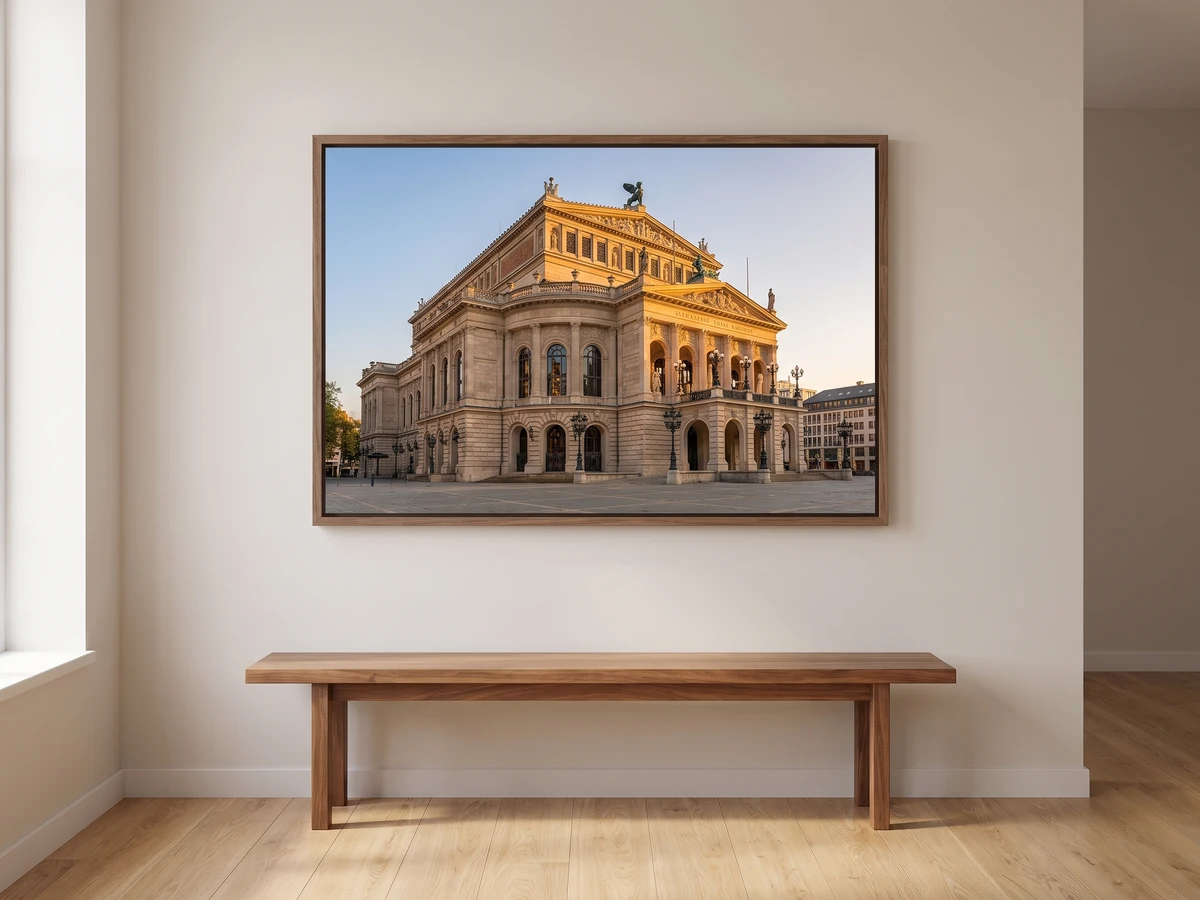 Alte Oper im Abendlicht im schmalen Schattenfugenrahmen im Flur