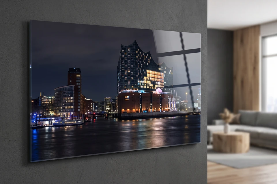 Acrylglasbild mit der Elbphilharmonie bei Nacht