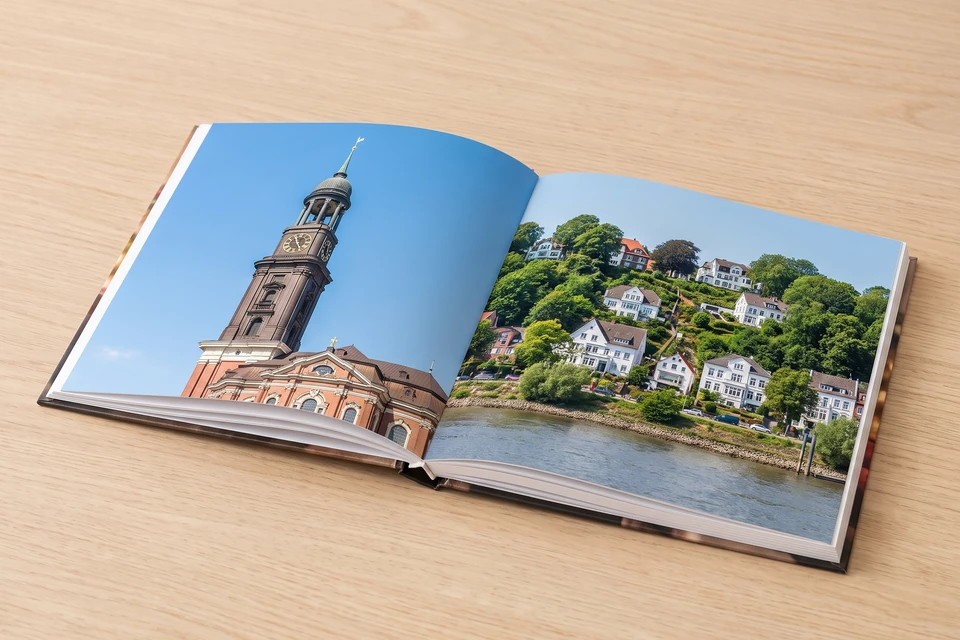Aufgeschlagenes Fotobuch mit dem Michel und dem Treppenviertel in Blankenese