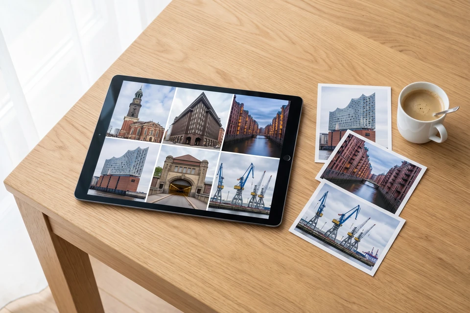 Tablet mit Hamburg-Fotos und ein Stapel Fotoabzüge auf einem Schreibtisch