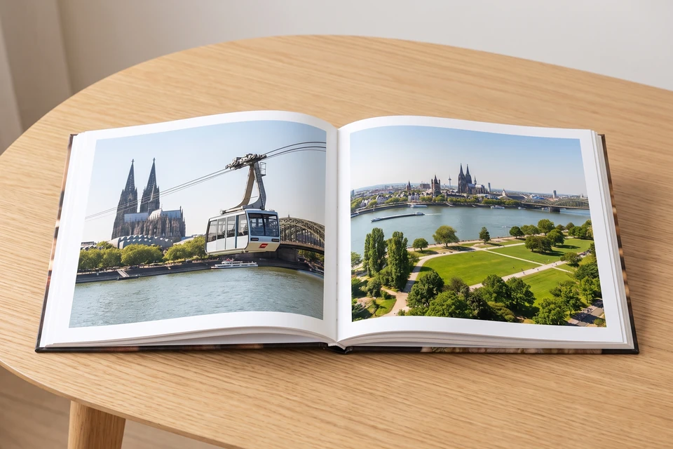 Aufgeschlagenes Fotobuch mit Rheinseilbahn und Rheinpark
