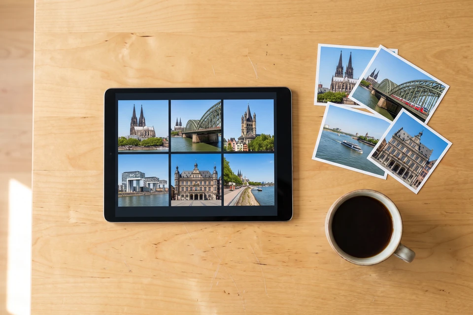 Tablet mit Köln-Fotos und ein Stapel Fotoabzüge auf einem Schreibtisch