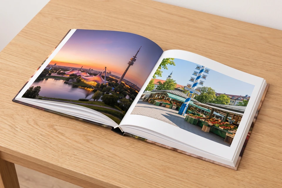 Aufgeschlagenes Fotobuch mit Olympiapark und Viktualienmarkt