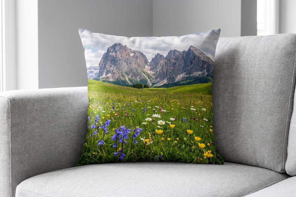 Fotokissen mit Bergwiese vor einem Gipfel