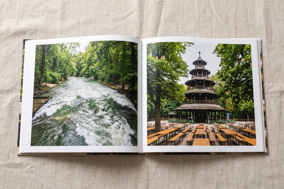 Fotobuch mit Eisbach und Biergarten am Chinesischen Turm