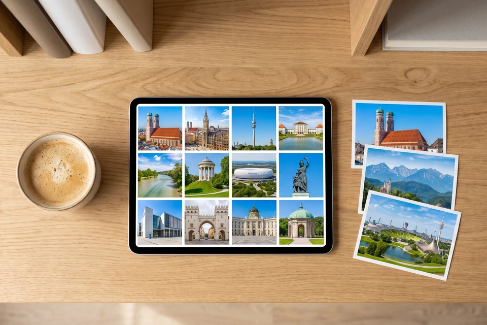 Tablet mit München-Fotos und ein Stapel Fotoabzüge auf einem Schreibtisch
