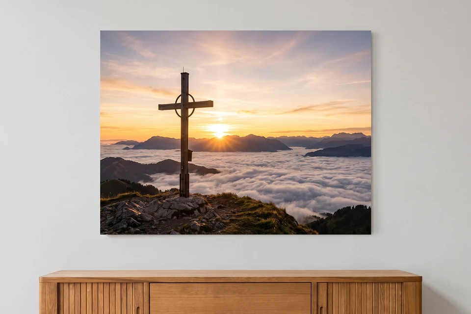 Poster mit Gipfelkreuz bei Sonnenaufgang über einem Sideboard