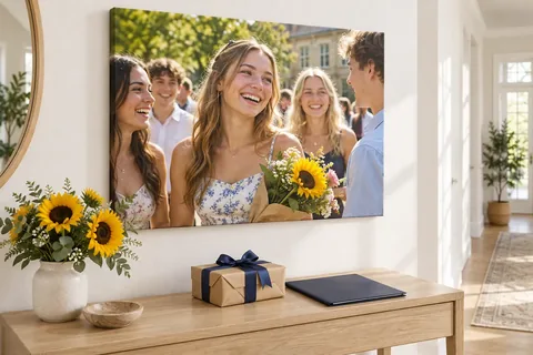 Abschlussfoto auf Leinwand als Geschenk über einer Kommode