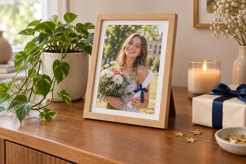 Gerahmtes Abschlussfoto als Geschenk auf einer Anrichte