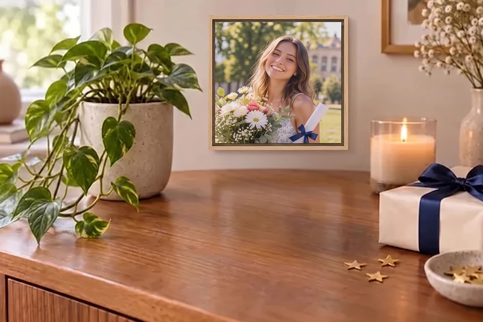 Gerahmtes Abschlussfoto als Geschenk auf einer Anrichte