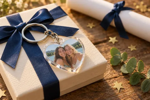 Schlüsselanhänger in Herzform mit Abschlussfoto auf einer Geschenkbox