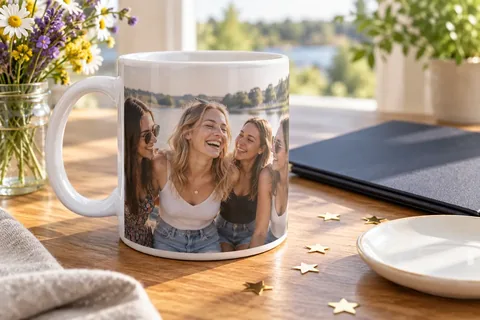 Fototasse mit Abschlussfoto neben einem Geschenk