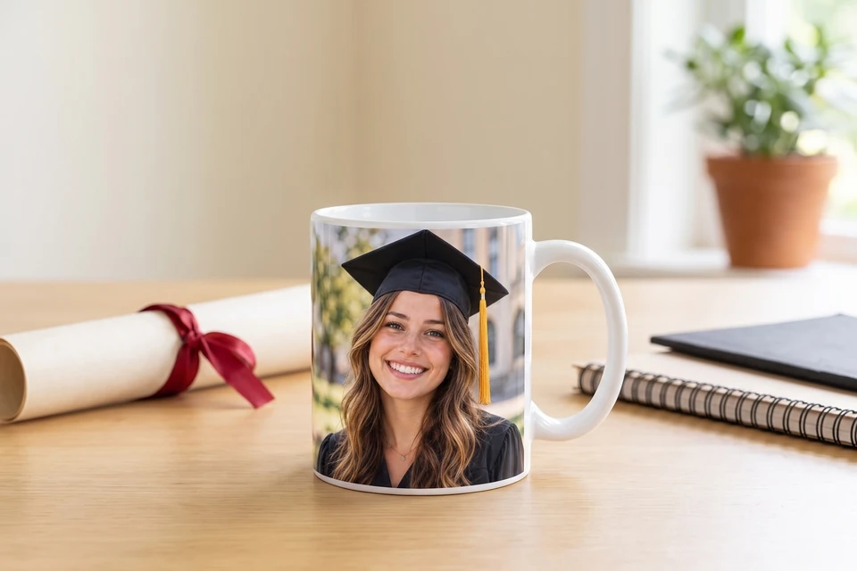 Fototasse mit Porträt einer Absolventin auf einem Schreibtisch