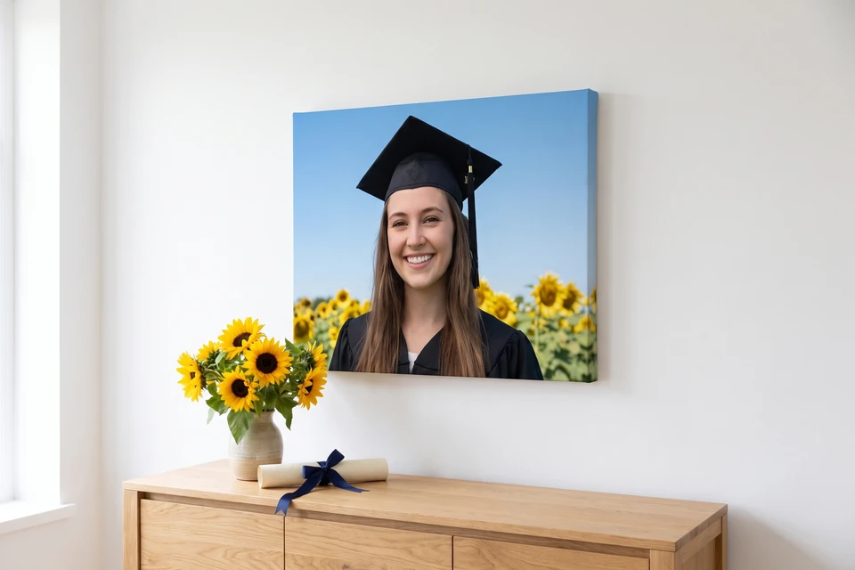 Leinwand mit Porträt einer Absolventin mit Absolventenhut über einem Sideboard mit Sonnenblumen