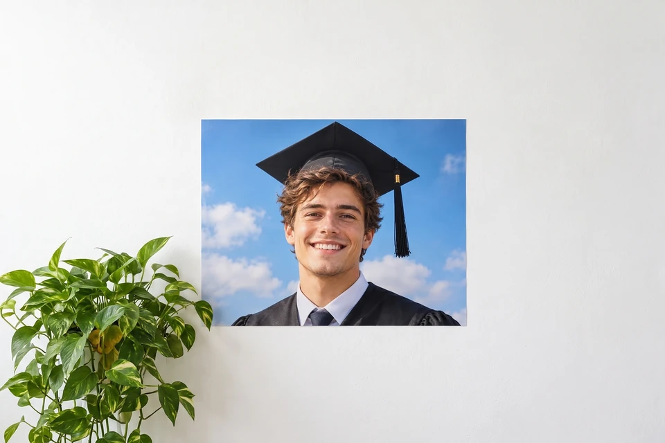 Fotoposter mit Porträt eines Absolventen mit Absolventenhut an einer weißen Wand