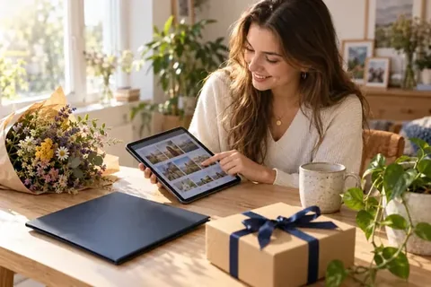 Frau gestaltet am Tablet ein Abschlussgeschenk mit eigenen Fotos