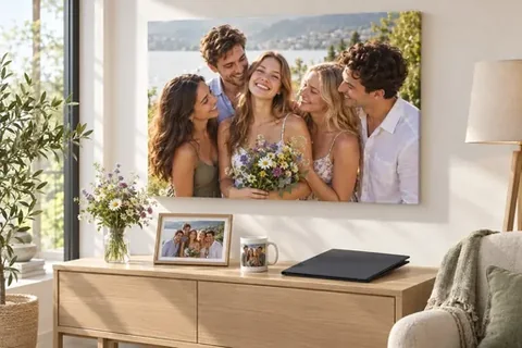 Leinwand und gerahmtes Abschlussfoto als Geschenke im Wohnzimmer