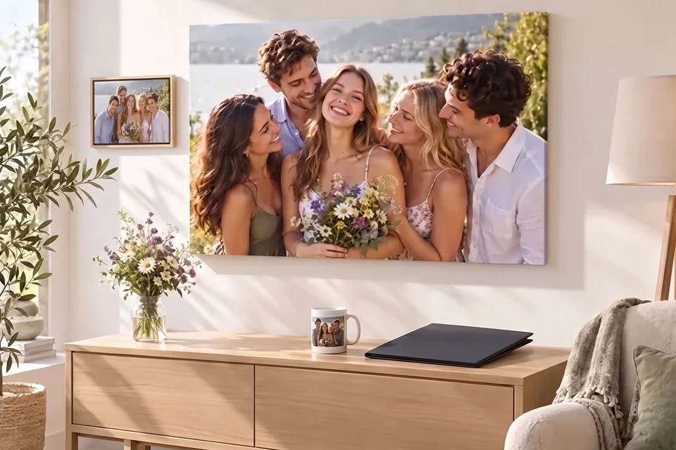 Leinwand und gerahmtes Abschlussfoto als Geschenke im Wohnzimmer