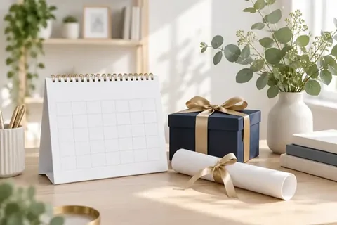 Tischkalender neben einem verpackten Abschlussgeschenk
